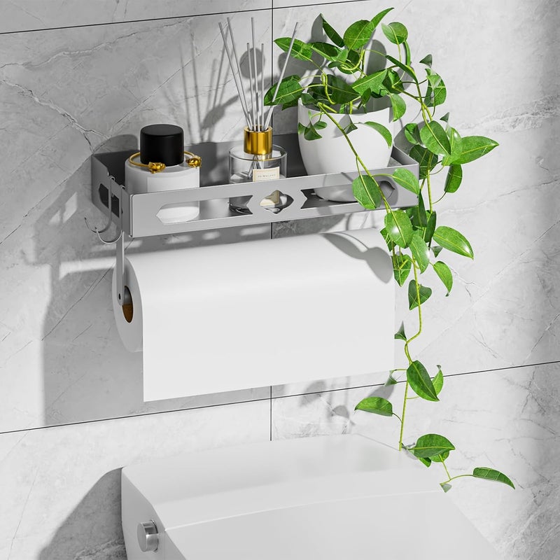 GAGUIUP Stylish Kitchen Paper Towel Holder with Shelf - Adhesive Hand Towel Holder for Bathroom Wall Mount, Rust-Resistant Matte Grey Finish for RV Toilet Paper Holder Rack, Easy One-Handed Operation Design - Image 5